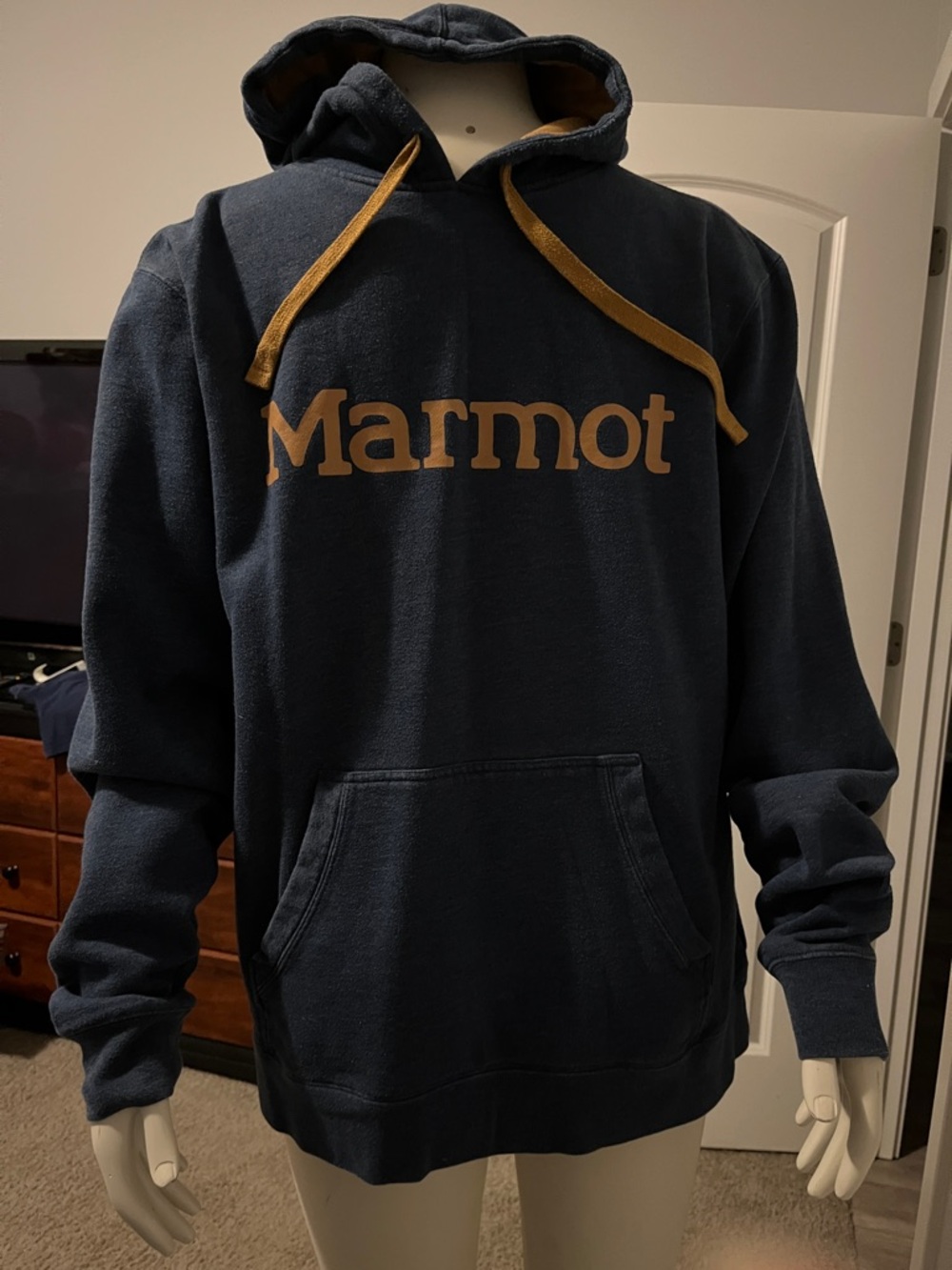 Marmot Navy Hoodie with Tan Logo & Drawstrings
